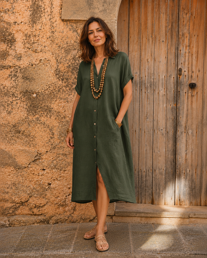 Nicloin | Cotton-Linen Midi Shirt Dress with Rolled Cuffs