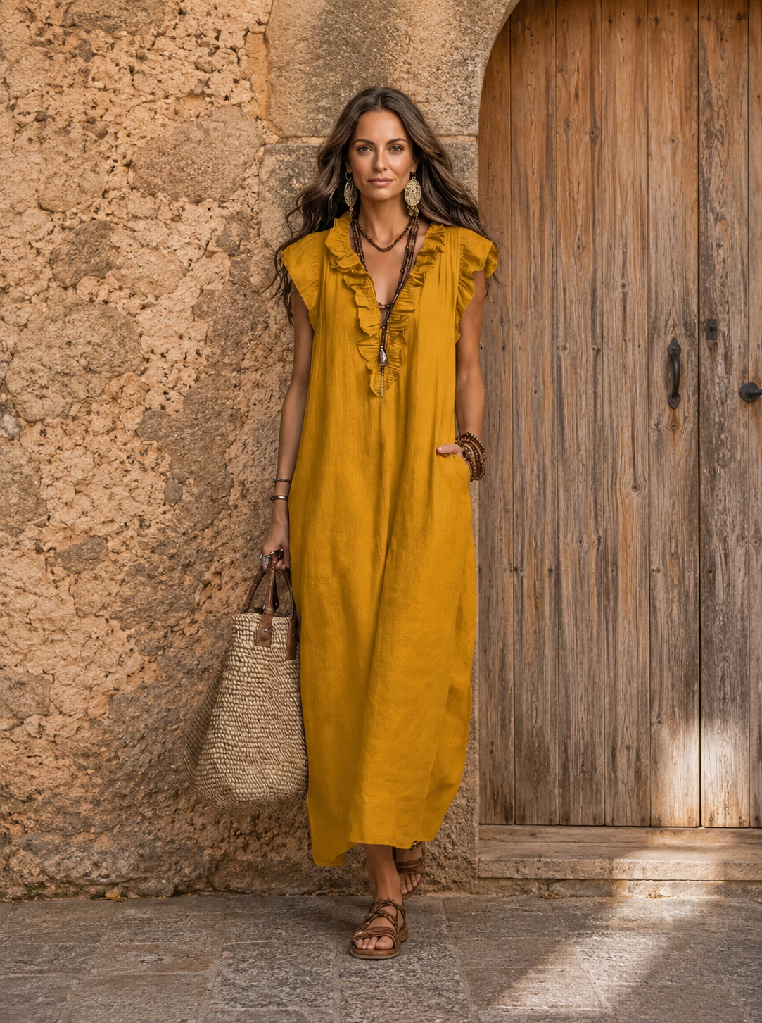 Joshapine | Ruffle V-Neck Linen Maxi Dress