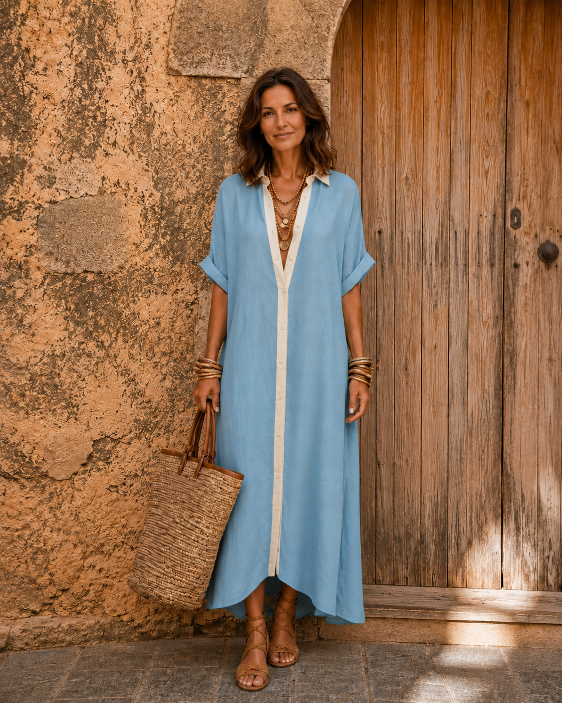 Samira | Contrast-Collar Button-Front Short-Sleeve Maxi Shirt Dress