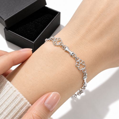 Pure Silver Dog Paw and Bone Charms Bracelet