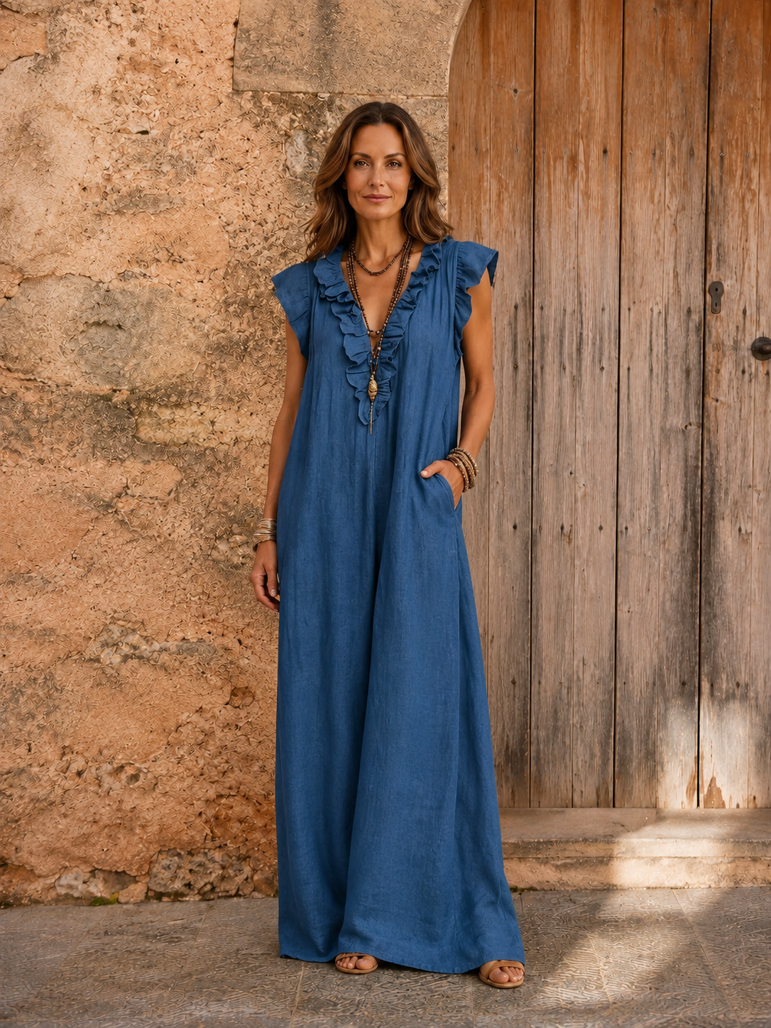 Joshapine | Ruffle V-Neck Linen Maxi Dress