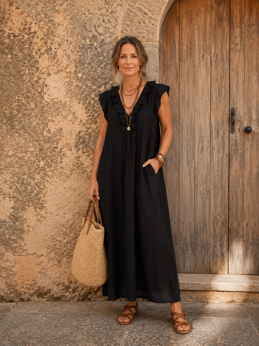 Joshapine | Ruffle V-Neck Linen Maxi Dress
