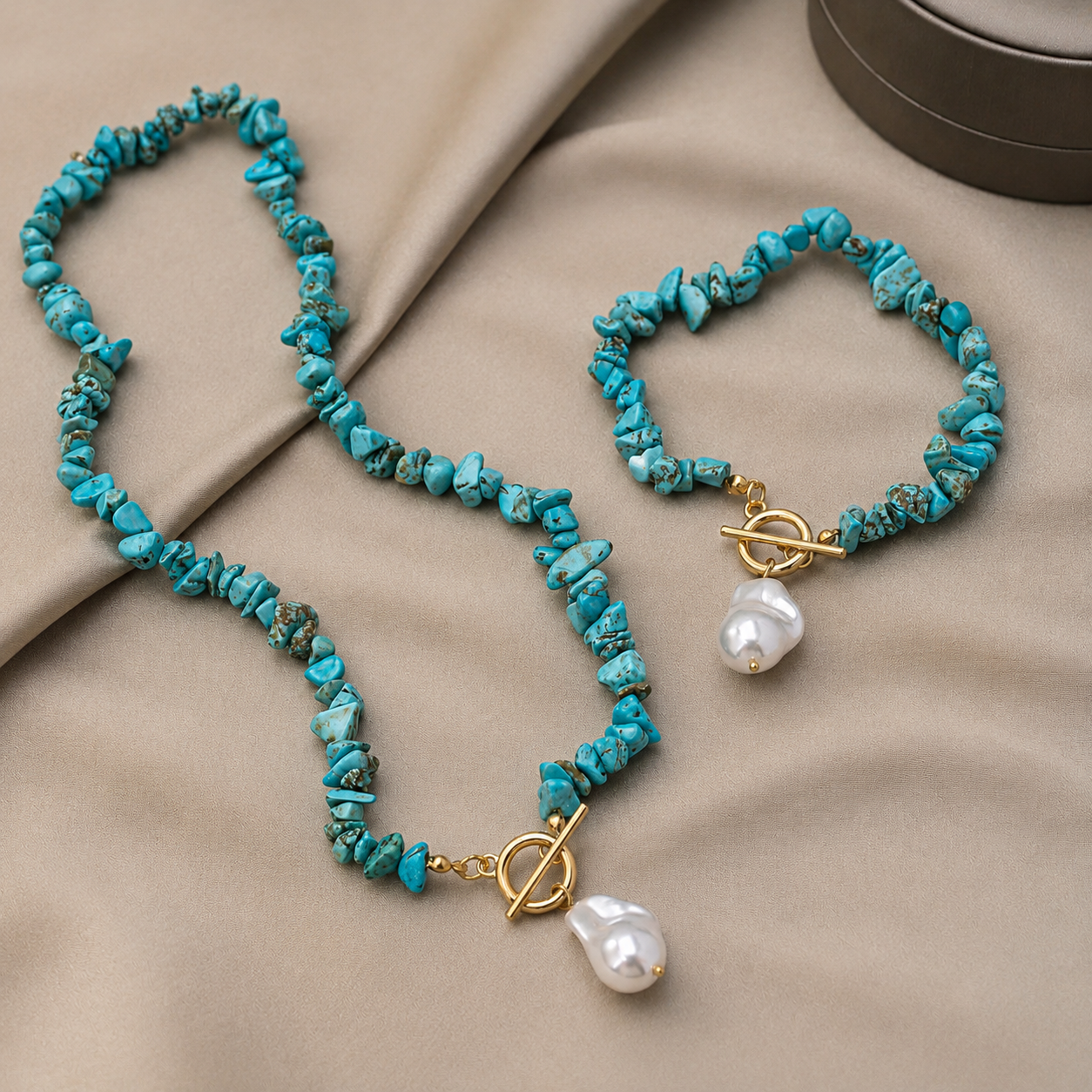 Pierre Turquoise & Pearl Necklace Bracelet Set