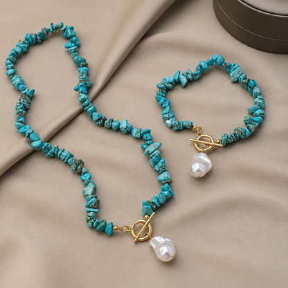 Pierre Turquoise & Pearl Necklace Bracelet Set