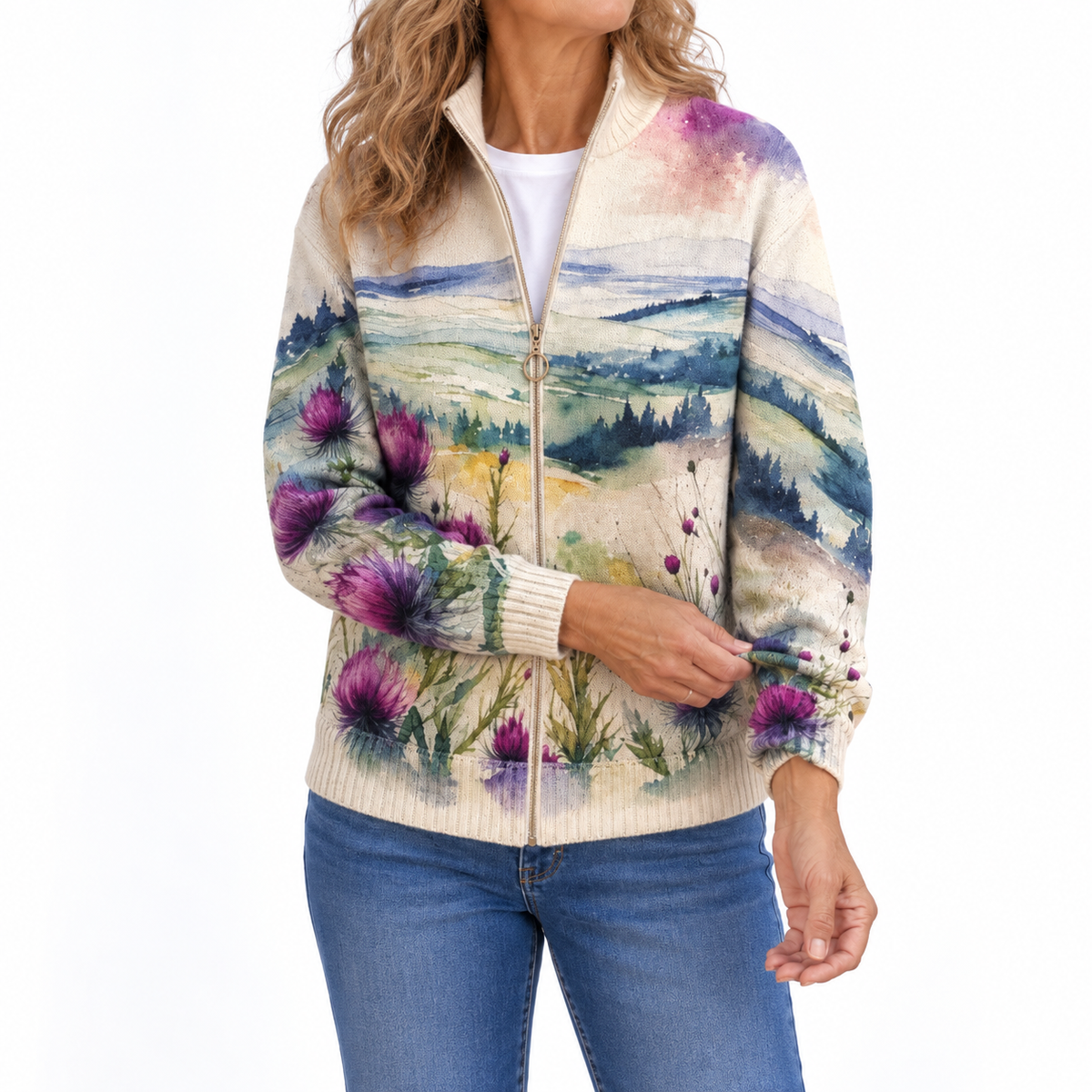 MARION THISTLE LANDSCAPE ZIP CARDIGAN